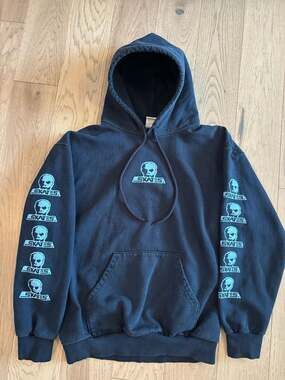 Vintage Skull Skates Multi logo Hoodie, Blue, Made in Canada, Size M
